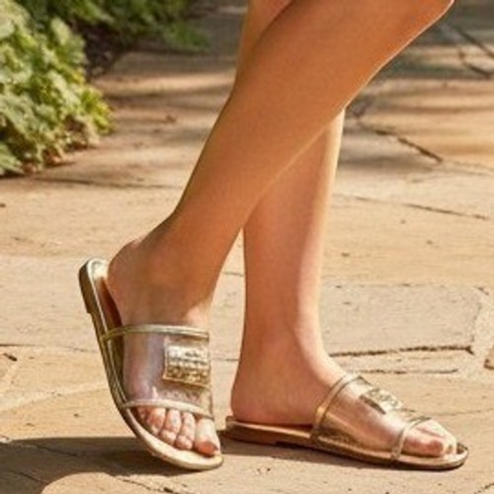 Kurt Geiger Slide Sandals Womens 8.5 Gold New Glitter Clear Jelly Logo Flat